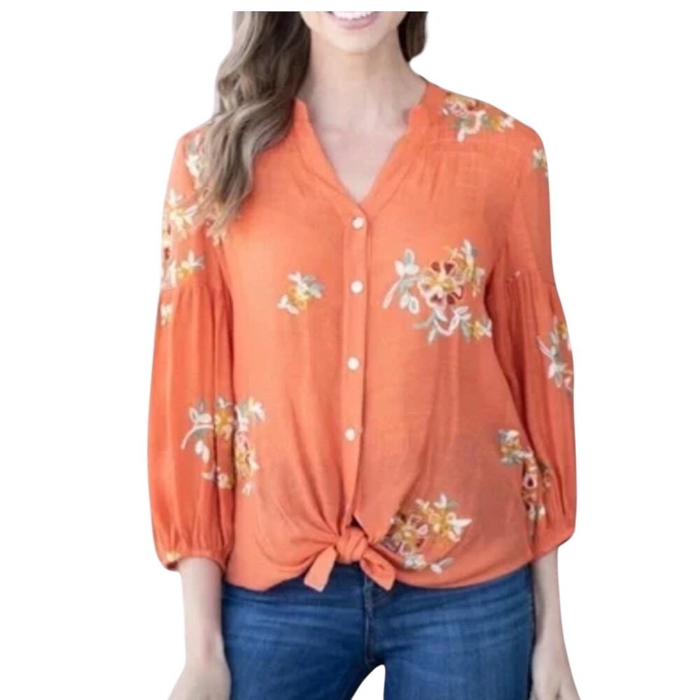 Anthropologie Fig & Flower Women's Orange Embroidered Floral Blouse Large